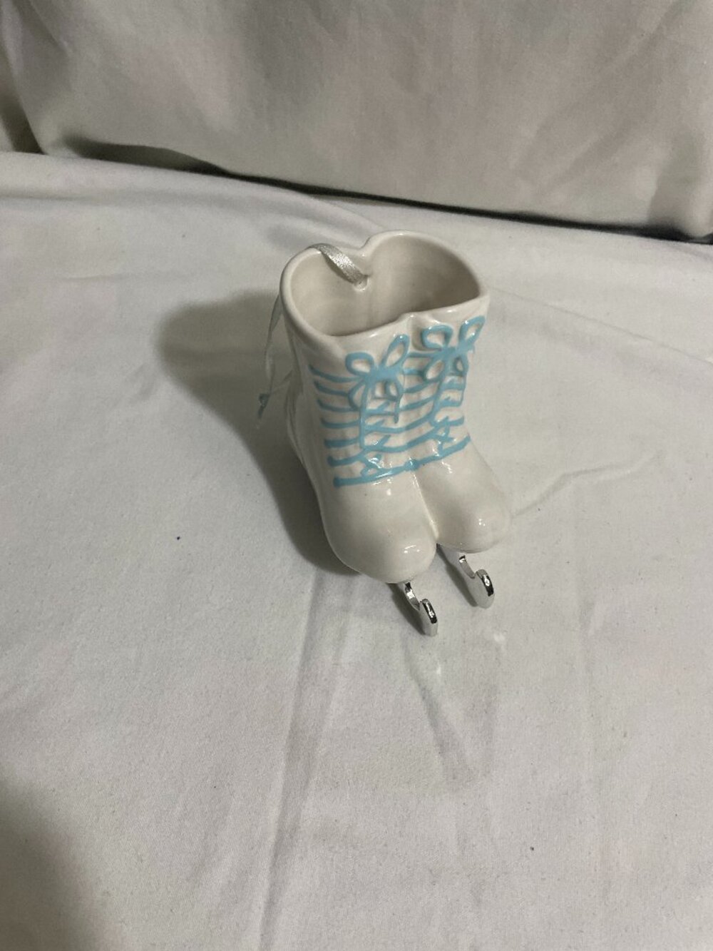 Ceramic Ice Skates Vase Ornament White Blue Laces Silver Blades Christmas 4”